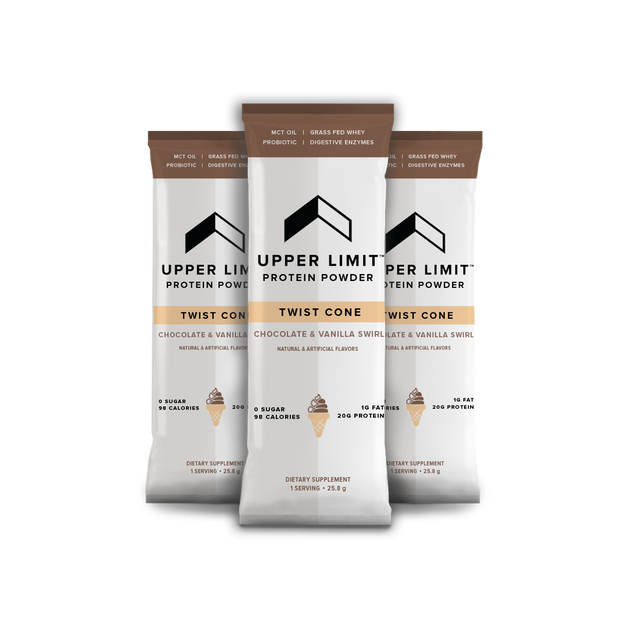 The best grass-fed (grassfed) whey protein for women in a twist cone chocolate vanilla swirl flavor on the go in stick packs