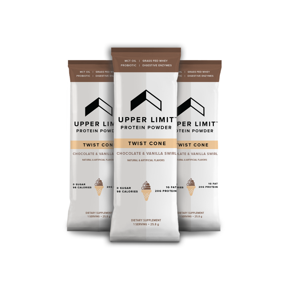 The best grass-fed (grassfed) whey protein for women in a twist cone chocolate vanilla swirl flavor on the go in stick packs